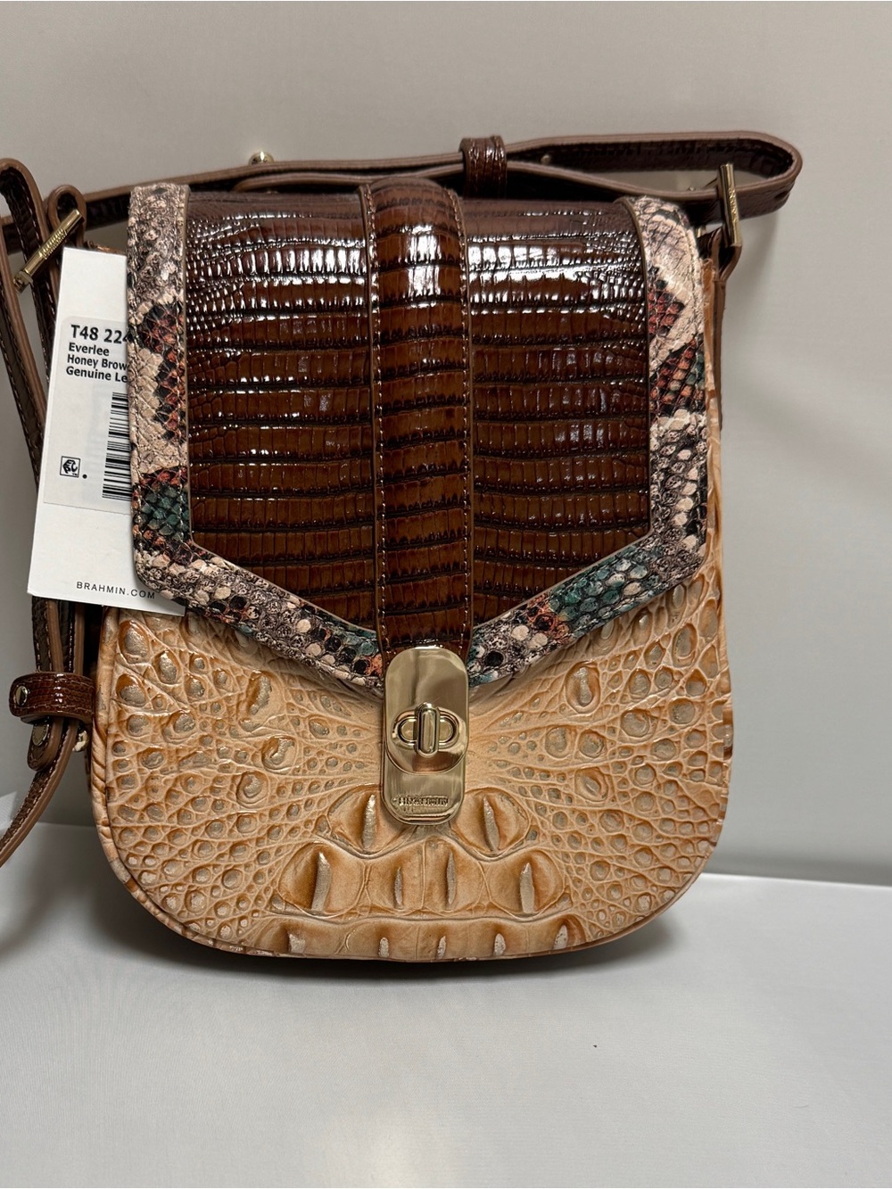 Brahmin Honey Brown Croc-Embossed Leather Crossbody Bag
